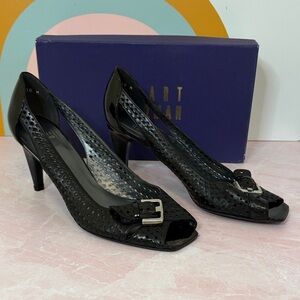 Stuart Weitzman Bowden Peep Toe Black Patent Perforated Buckle Heels, 10M